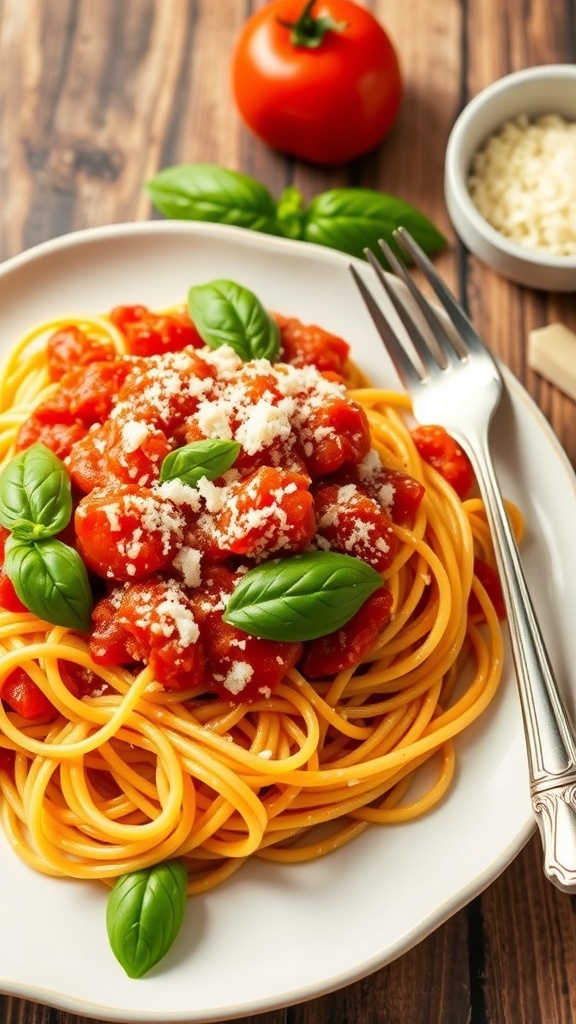 A plate of spaghetti with tomato basil sauce, garnished with basil and Parmesan cheese.